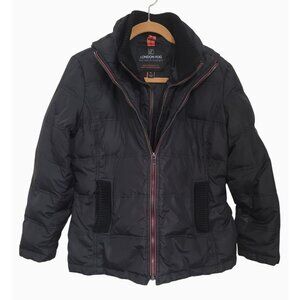 London Fog Black Puffer Jacket With Hood & Zipper Closure Nylon Shell Womens Fun